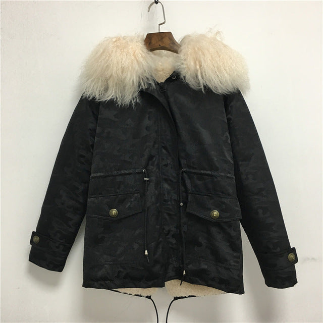Parkas 2019 Popular Camouflage Jacket Short Real Lamb Fur Collar Casual Jacket Men With Hoodies