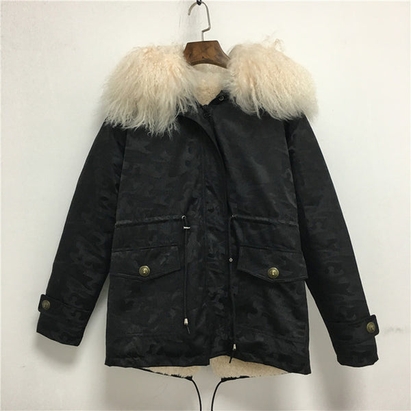 Parkas 2019 Popular Camouflage Jacket Short Real Lamb Fur Collar Casual Jacket Men With Hoodies