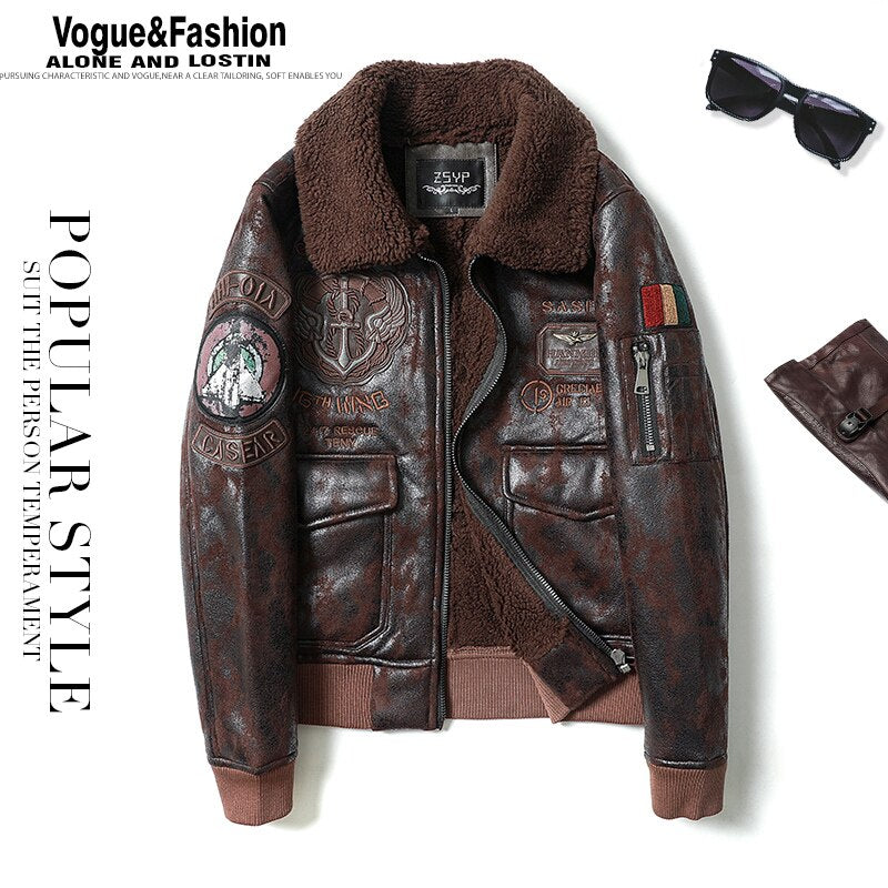 Mens Leather Jacket Fur Collar Flight Jacket Motorcycle Jacket