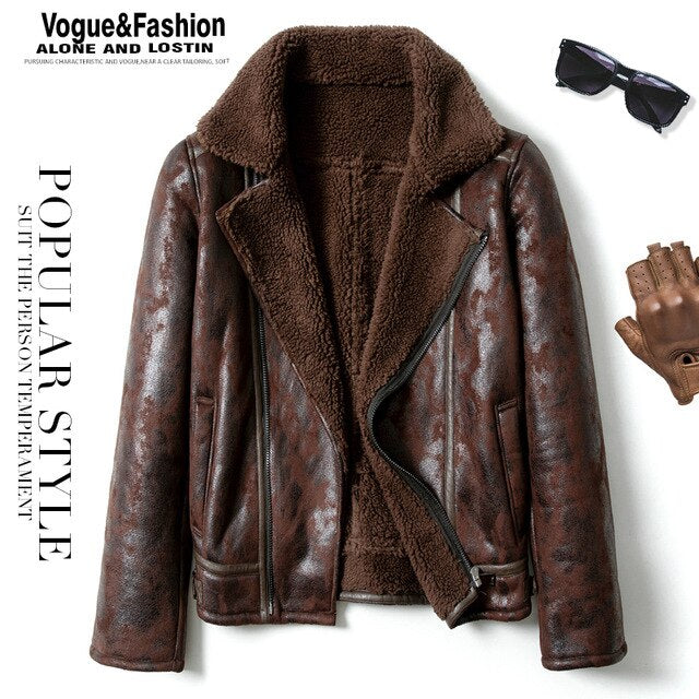 Mens Leather Jacket Fur Collar Flight Jacket Motorcycle Jacket
