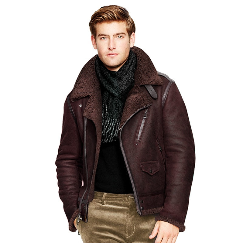 Free shipping.winter warm mens biker wool fur Jacket,classic B3 vintage genuine Leather jacket.thick sheepskin shearling coat.