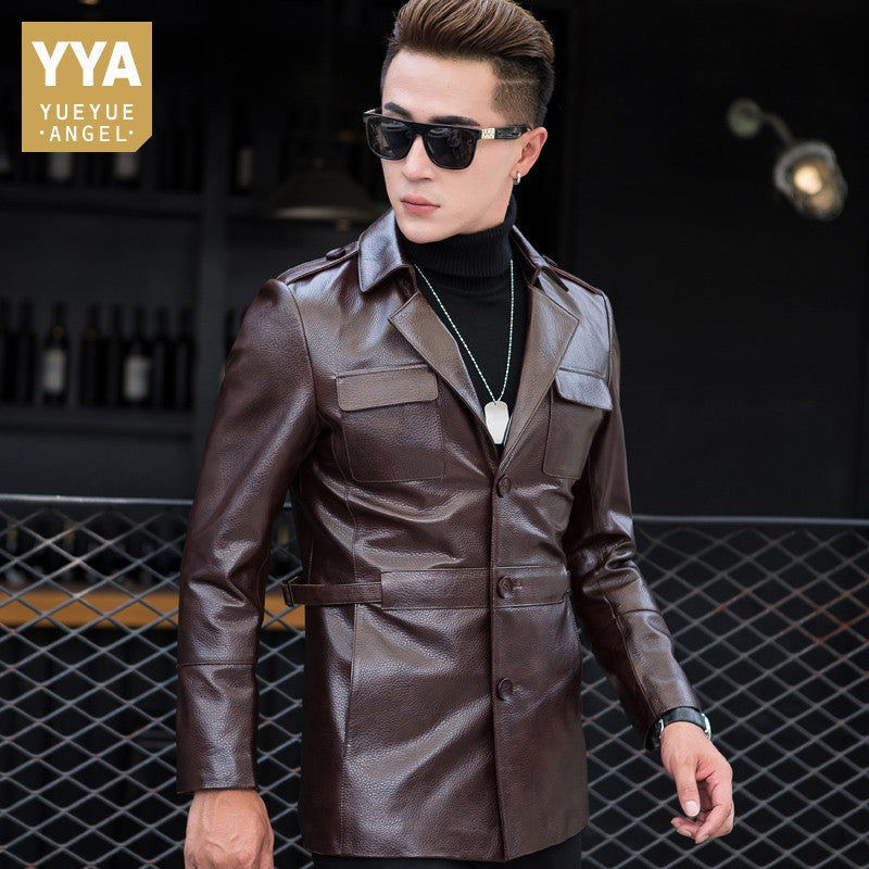2019 New Winter Mens Cow Leather Mid Long Jacket Slim Fit Business Man Single Breasted Genuine Leather Jacket Suit Wind Coat 4XL