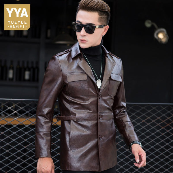 2019 New Winter Mens Cow Leather Mid Long Jacket Slim Fit Business Man Single Breasted Genuine Leather Jacket Suit Wind Coat 4XL