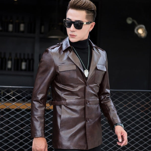 2019 New Winter Mens Cow Leather Mid Long Jacket Slim Fit Business Man Single Breasted Genuine Leather Jacket Suit Wind Coat 4XL