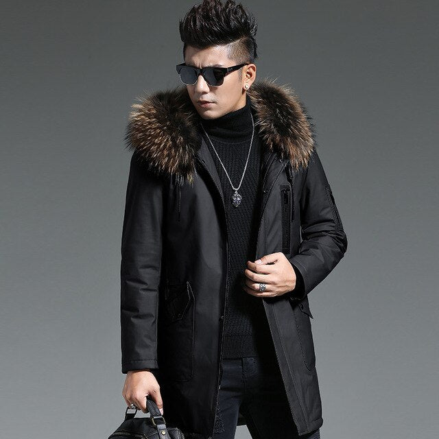 AYUNSUE Men's Genuine Leather Jacket Winter Down Jacket Men Raccoon Fur Collar Long Coat Luxury Cow Leather Jackets K2373 MY1439