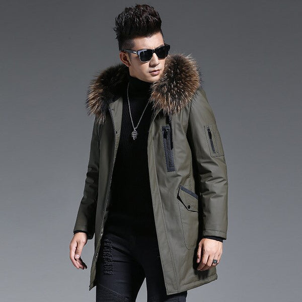 AYUNSUE Men's Genuine Leather Jacket Winter Down Jacket Men Raccoon Fur Collar Long Coat Luxury Cow Leather Jackets K2373 MY1439
