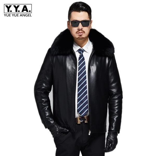 Winter Rabbit Real Fur Lining Warm Mens High Quality Pu Leather Jacket Real Fox Fur Collar Business Slim Fit Thick Coat 4XL