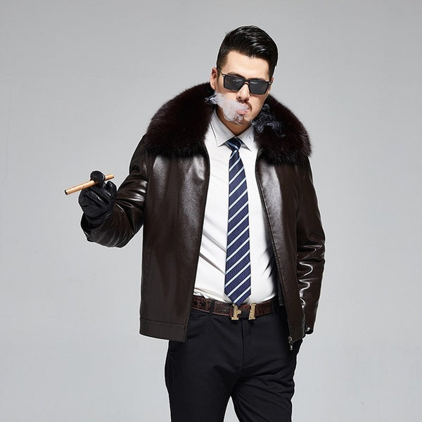 Winter Rabbit Real Fur Lining Warm Mens High Quality Pu Leather Jacket Real Fox Fur Collar Business Slim Fit Thick Coat 4XL