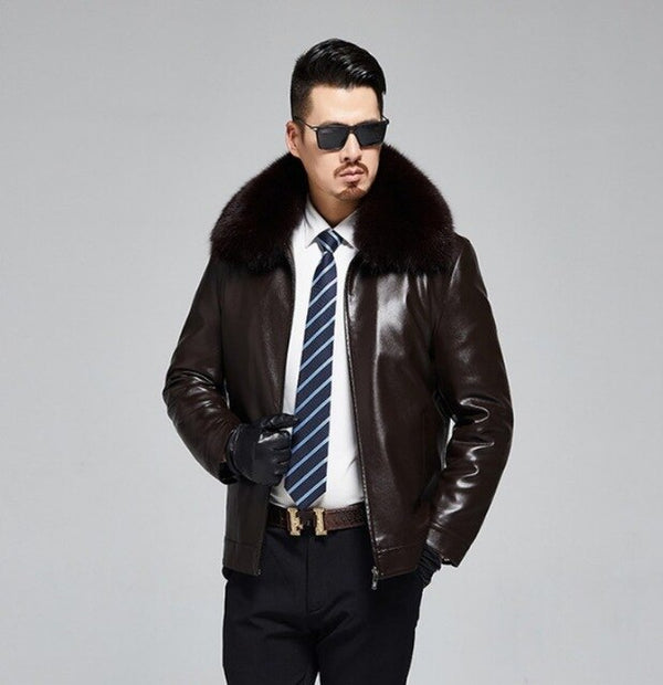 Winter Rabbit Real Fur Lining Warm Mens High Quality Pu Leather Jacket Real Fox Fur Collar Business Slim Fit Thick Coat 4XL