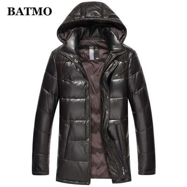BATMO 2019 new arrival winter 90% white duck down natural real sheepskin hooded jackets men,men's leather jackets