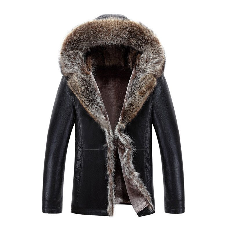 Suitable for Men's Leather Padded jacket Winter Fur collar Hooded Faux Leather jacket Winter Wear Padded Fur one leather S-4XL