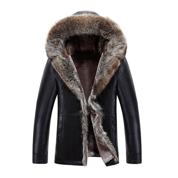 Suitable for Men's Leather Padded jacket Winter Fur collar Hooded Faux Leather jacket Winter Wear Padded Fur one leather S-4XL