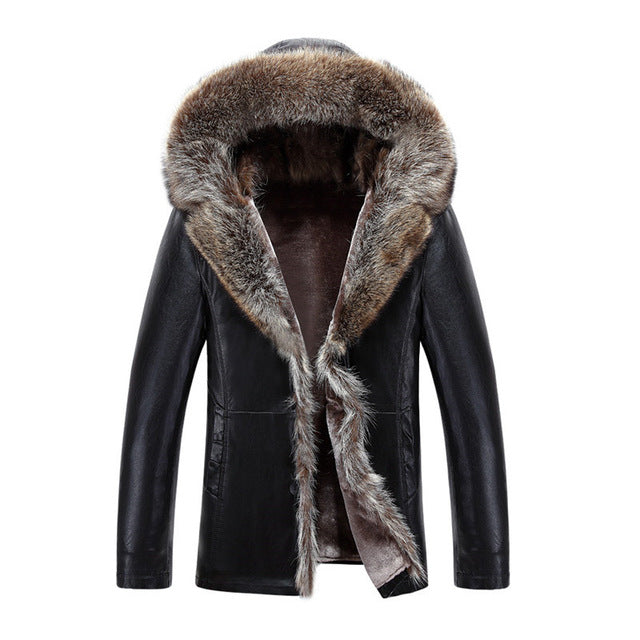 Suitable for Men's Leather Padded jacket Winter Fur collar Hooded Faux Leather jacket Winter Wear Padded Fur one leather S-4XL