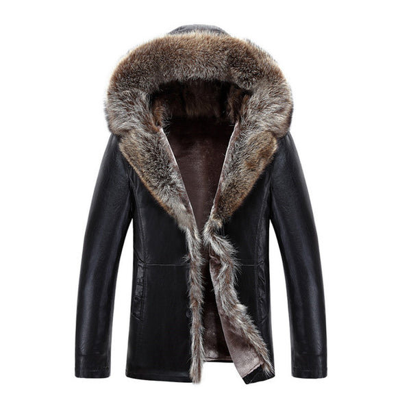 Suitable for Men's Leather Padded jacket Winter Fur collar Hooded Faux Leather jacket Winter Wear Padded Fur one leather S-4XL