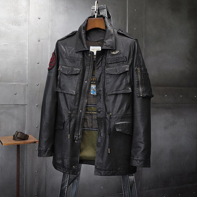 Men's Winter Real Genuine Leather long Jackets Motorcycle Flight Pilot Bomber Jackets For Men Outdoor Jacket Male Aviator Coats