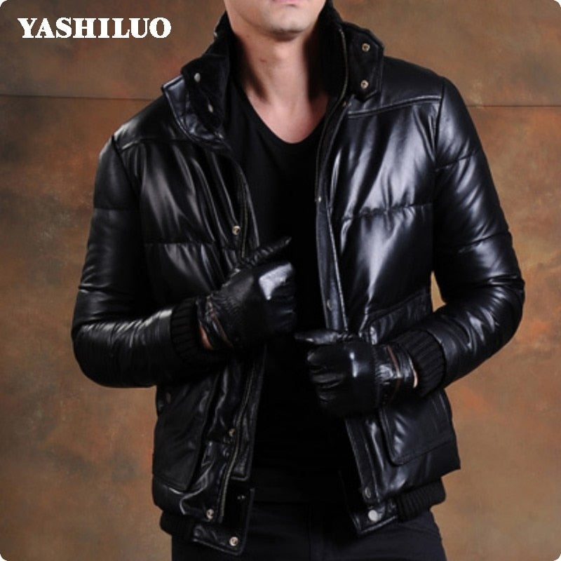 Retro Sheepskin 100% Real Leather Short Jackets Duck Down Male Coat Stand Collar High Quality Motorcycle Blouson Cuir Homme
