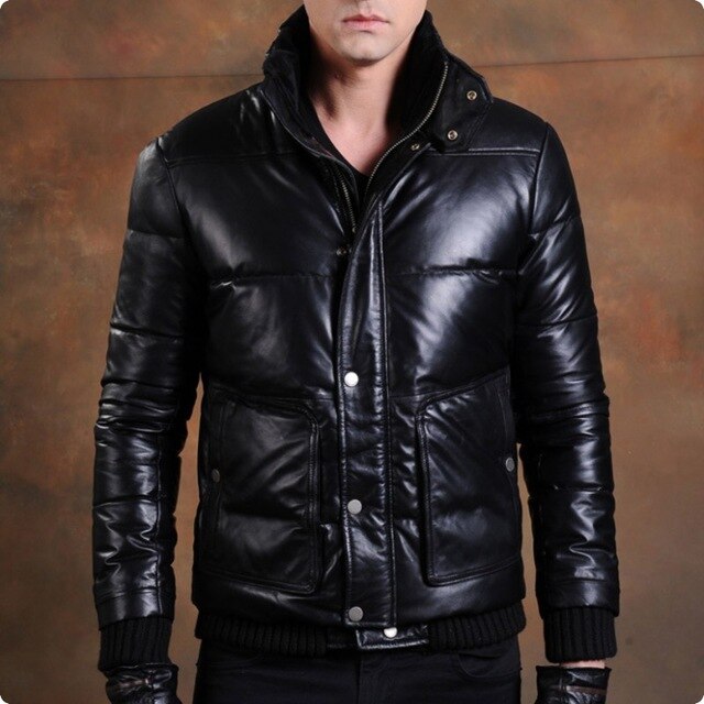 Retro Sheepskin 100% Real Leather Short Jackets Duck Down Male Coat Stand Collar High Quality Motorcycle Blouson Cuir Homme