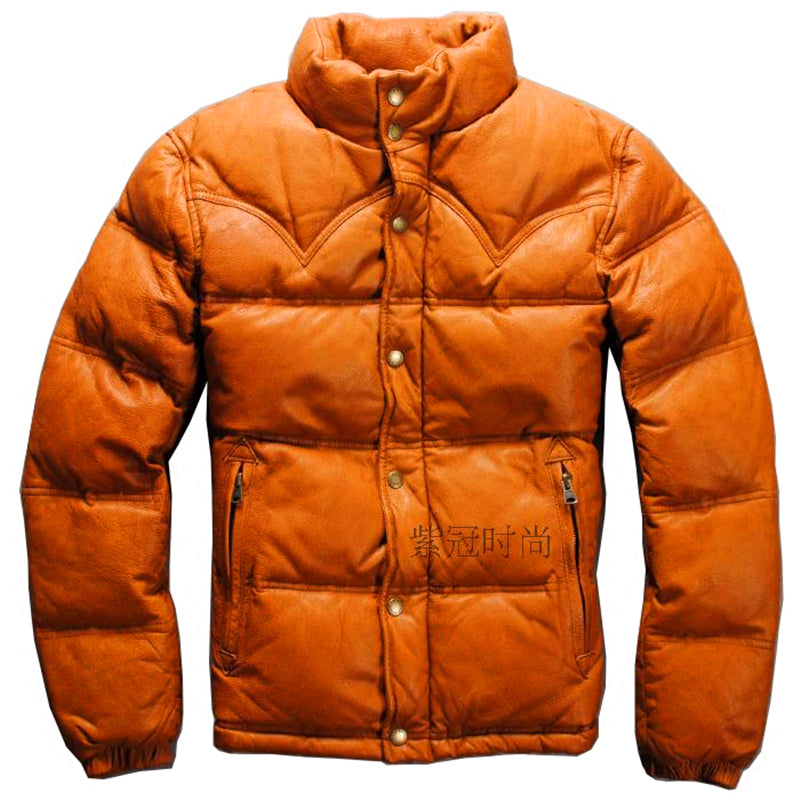 goat skin zipper warm down leather jacket mans genuine leather down jacket