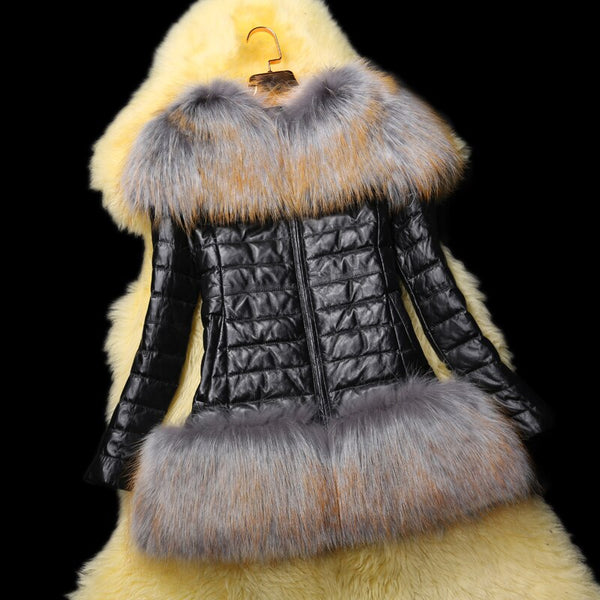 Plus size New Fashion 100% Real Leather jacket,Large Raccoon Fur collar Slim Genuine leather down coat Free shipping FQ3307