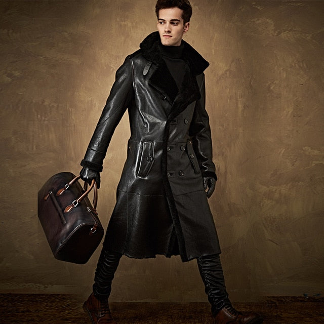 Male Leather Jacket Men's Long Leather Jackets Collars Man Natural Sheepskin Fur Coat To Keep Warm Free Shipping