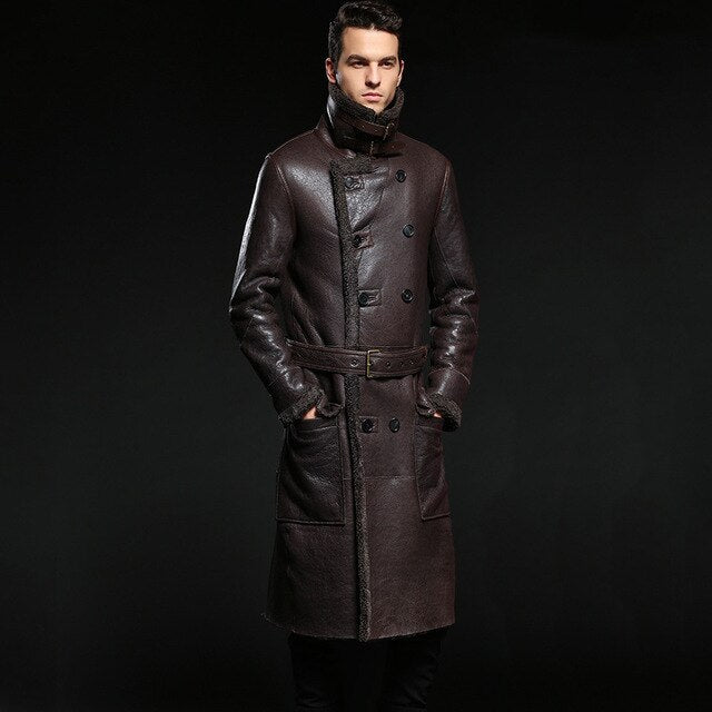 Long Leather Jacket,Mandarin Collar,Sheepskin,Coat Male,Leather Jacket Men,Mens Leather Jacket