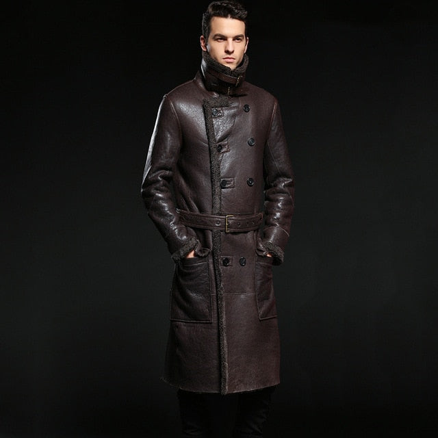 Long Leather Jacket,Mandarin Collar,Sheepskin,Coat Male,Leather Jacket Men,Mens Leather Jacket