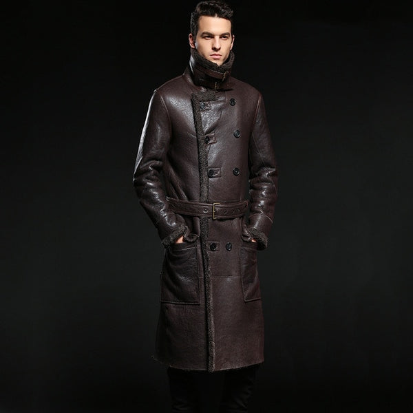 Long Leather Jacket,Mandarin Collar,Sheepskin,Coat Male,Leather Jacket Men,Mens Leather Jacket