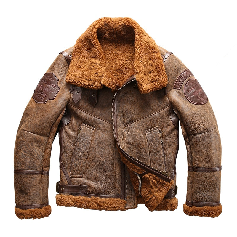 european size high quality super warm genuine sheep leather jacket mens big size B3 shearling bomber military fur jacket 8001