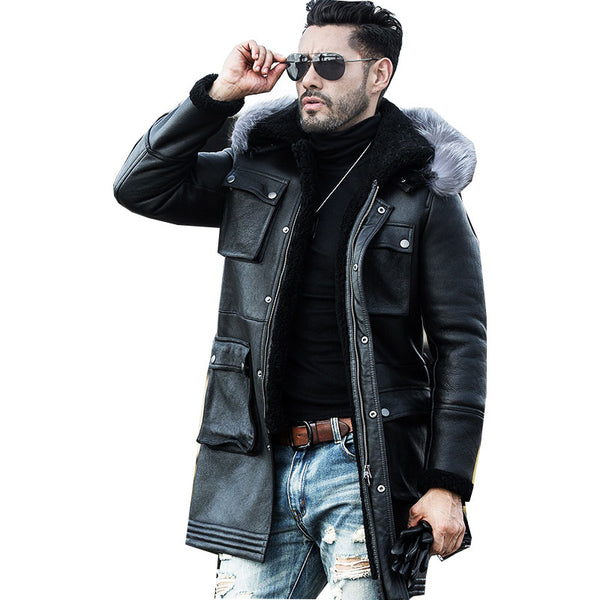 Hot Sale Fashion Sheepskin Leather Jacket Coat Wool Liner Men Winter Thick Long Leather Fur High Quality Coat Plus Size M-4XL