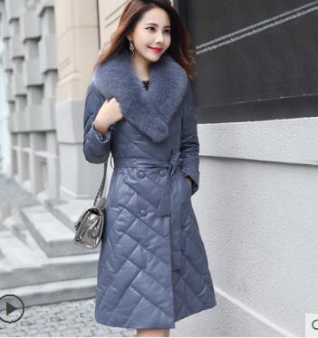 High grade Fox fur Down Women Jacket coats 2018 New Fashion Slim Belt Warm Long Leather jacket Female Casual Overcoat Plus size
