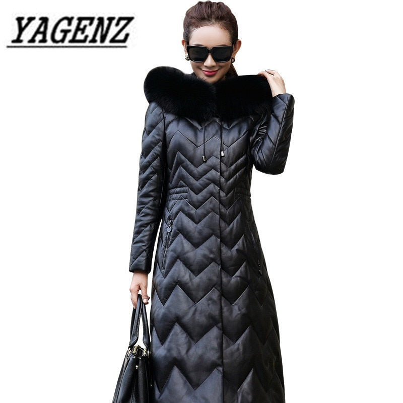 2018 Winter fox fur Jacket Women Down Hooded Coats High quality Black Slim Long Overcoat Large size Winter Warm Leather Jacket