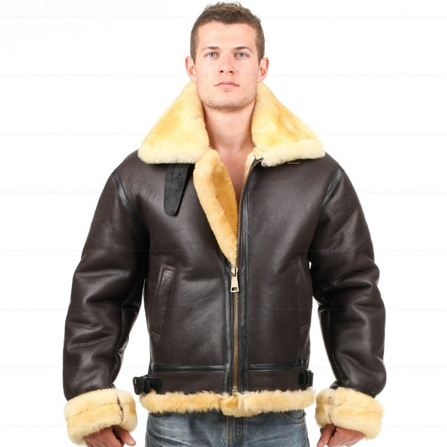 B3 shearling Leather jacket Bomber Fur pilot World II Flying aviation air military US Force The most warm Polar Coat Men Women