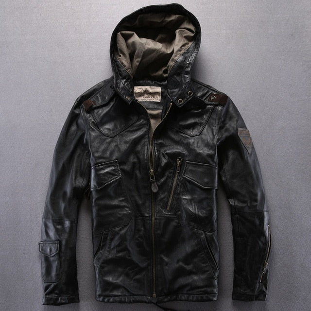 AVIREXFLY 2018 Long hooded leather jacket men flight jacket brown Genuine cowskin Slim Fit Casual Russian Leather Coats M-XXXL