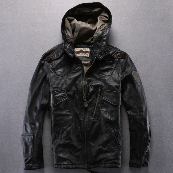 AVIREXFLY 2018 Long hooded leather jacket men flight jacket brown Genuine cowskin Slim Fit Casual Russian Leather Coats M-XXXL