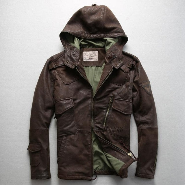 AVIREXFLY 2018 Long hooded leather jacket men flight jacket brown Genuine cowskin Slim Fit Casual Russian Leather Coats M-XXXL