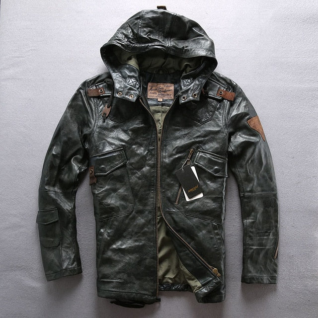 AVIREXFLY 2018 Long hooded leather jacket men flight jacket brown Genuine cowskin Slim Fit Casual Russian Leather Coats M-XXXL