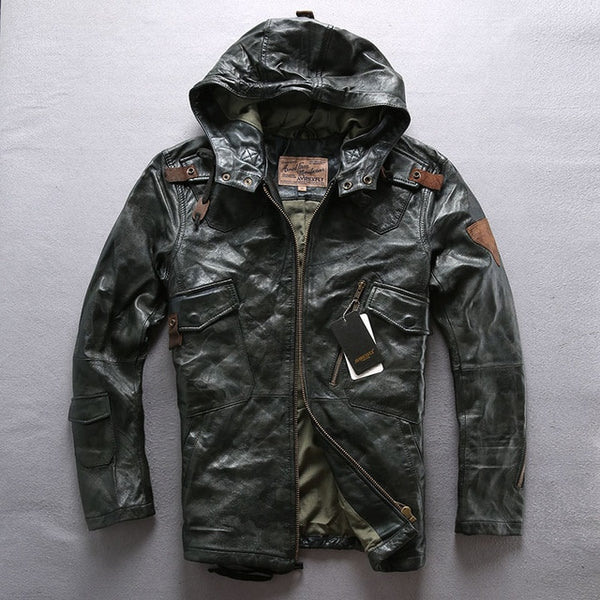 AVIREXFLY 2018 Long hooded leather jacket men flight jacket brown Genuine cowskin Slim Fit Casual Russian Leather Coats M-XXXL