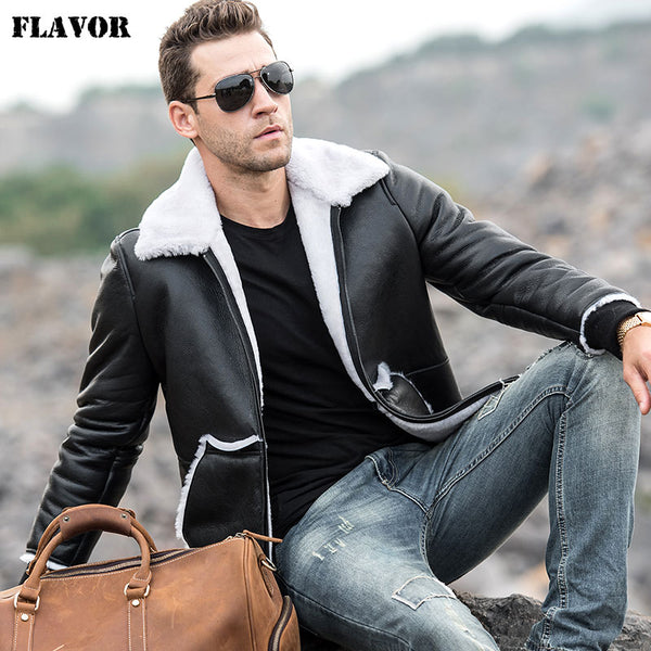 FLAVOR Men's Real Leather Jacket Men Motorcycle Genuine Shearling Jacket with Rib Cuff Winter Warm Coat
