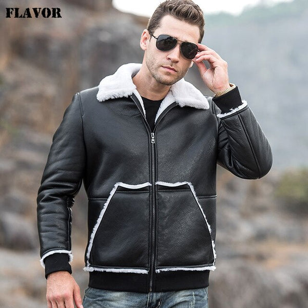 FLAVOR Men's Real Leather Jacket Men Motorcycle Genuine Shearling Jacket with Rib Cuff Winter Warm Coat