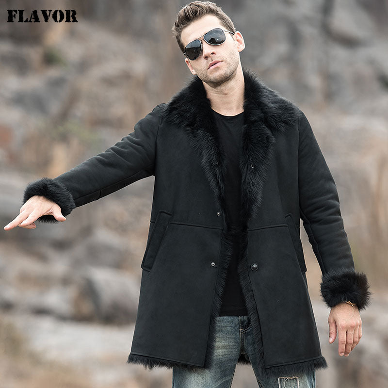 FLAVOR Men's Real Leather Jacket Genuine Shearling Trench Coat Winter Warm Long Coat Men