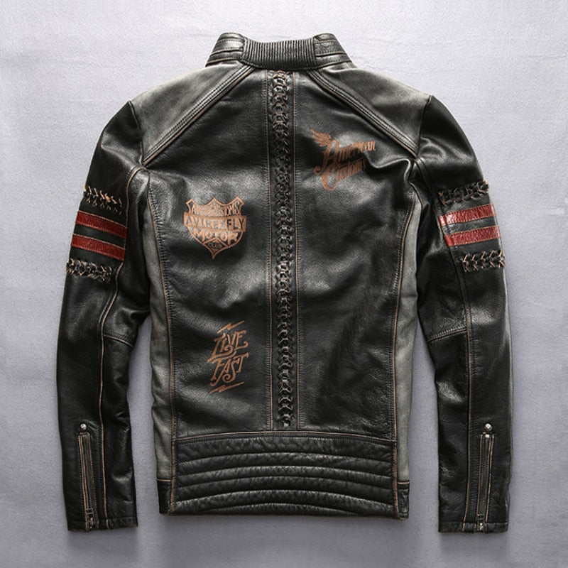 Read Description! Asian size Genuine motor biker jacket slim quality leather jacket cowhide embroidery mans leather jacket