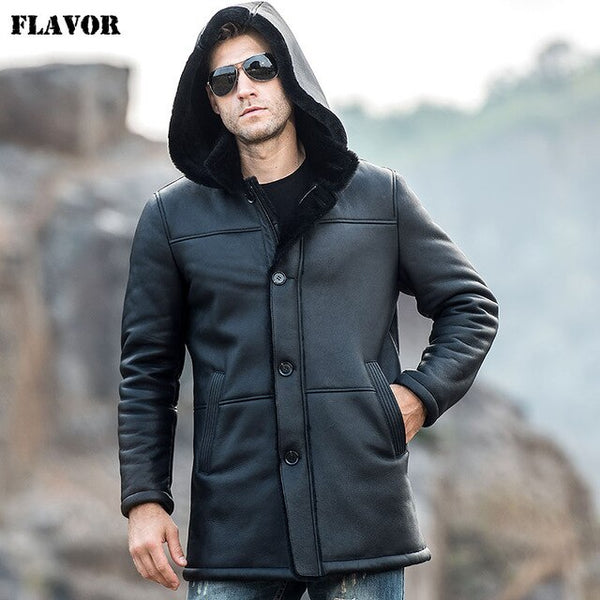 FLAVOR Men's Real Leather Jacket Men Genuine Shearling Trench Coat with Hood Winter Warm Coat