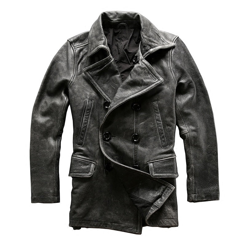 Read Description! Asian size mans winter genuine cow leather jacket men's classic gray cowhide leather pea coat
