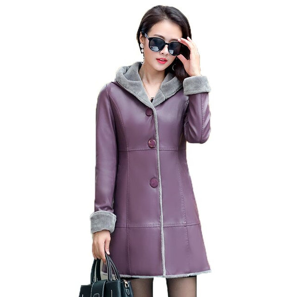 L-7XL Lagr size Women outwear winter leather jacket Plus velvet thick warm overcoat fashion wool liner sheep leather coat ER77
