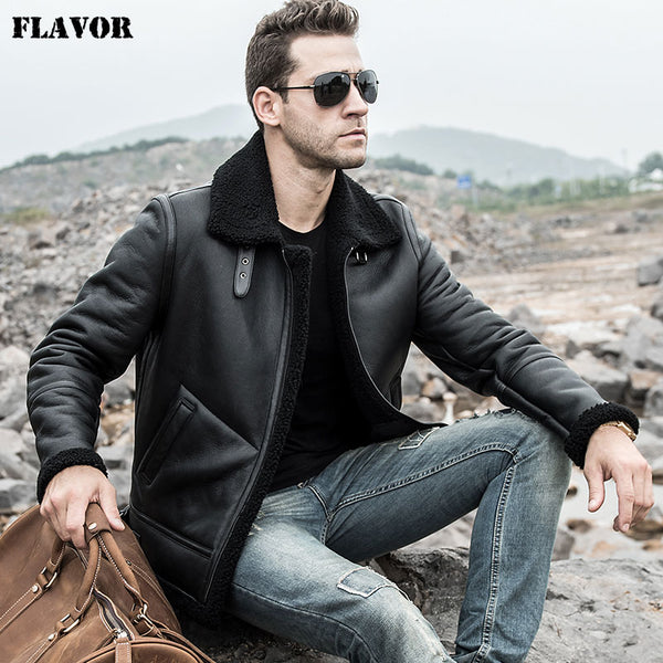 FLAVOR Men's Real Leather Jacket Men Genuine Shearling Coat with Turn-Down Collar Winter Warm Coat