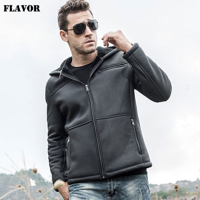 FLAVOR Men's Real Leather Jacket Motorcycle Genuine Shearling Jacket with Hood Winter Warm Coat Men