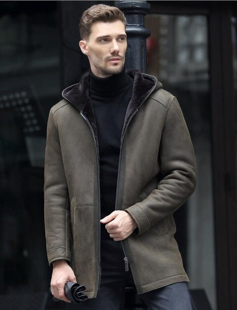 Original ecological fur one men's leather jacket Hooded large size genuine leather coat Men Winter long slim sheepskin jackets