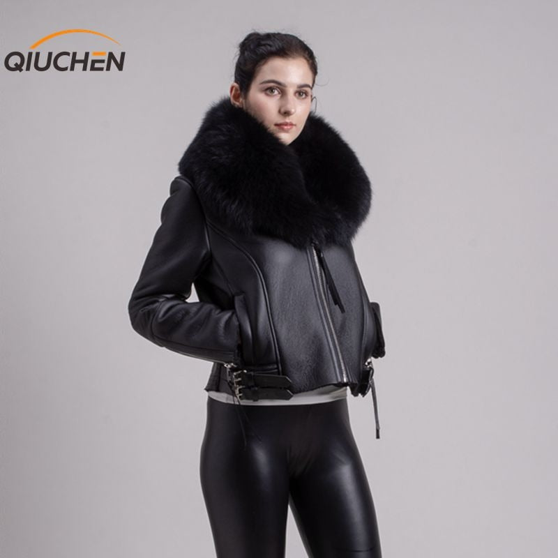 QIUCHEN PJ8088 FreeShipping Merino Sheep Fur women Coat Fashion Silm Whoole Big Genuine Fox Fur Collar Jacket Pu Leather Zipper