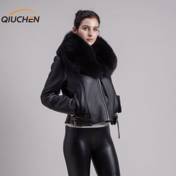 QIUCHEN PJ8088 FreeShipping Merino Sheep Fur women Coat Fashion Silm Whoole Big Genuine Fox Fur Collar Jacket Pu Leather Zipper