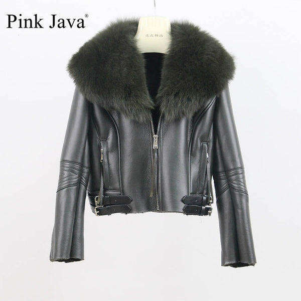 QIUCHEN PJ8088 FreeShipping Merino Sheep Fur women Coat Fashion Silm Whoole Big Genuine Fox Fur Collar Jacket Pu Leather Zipper
